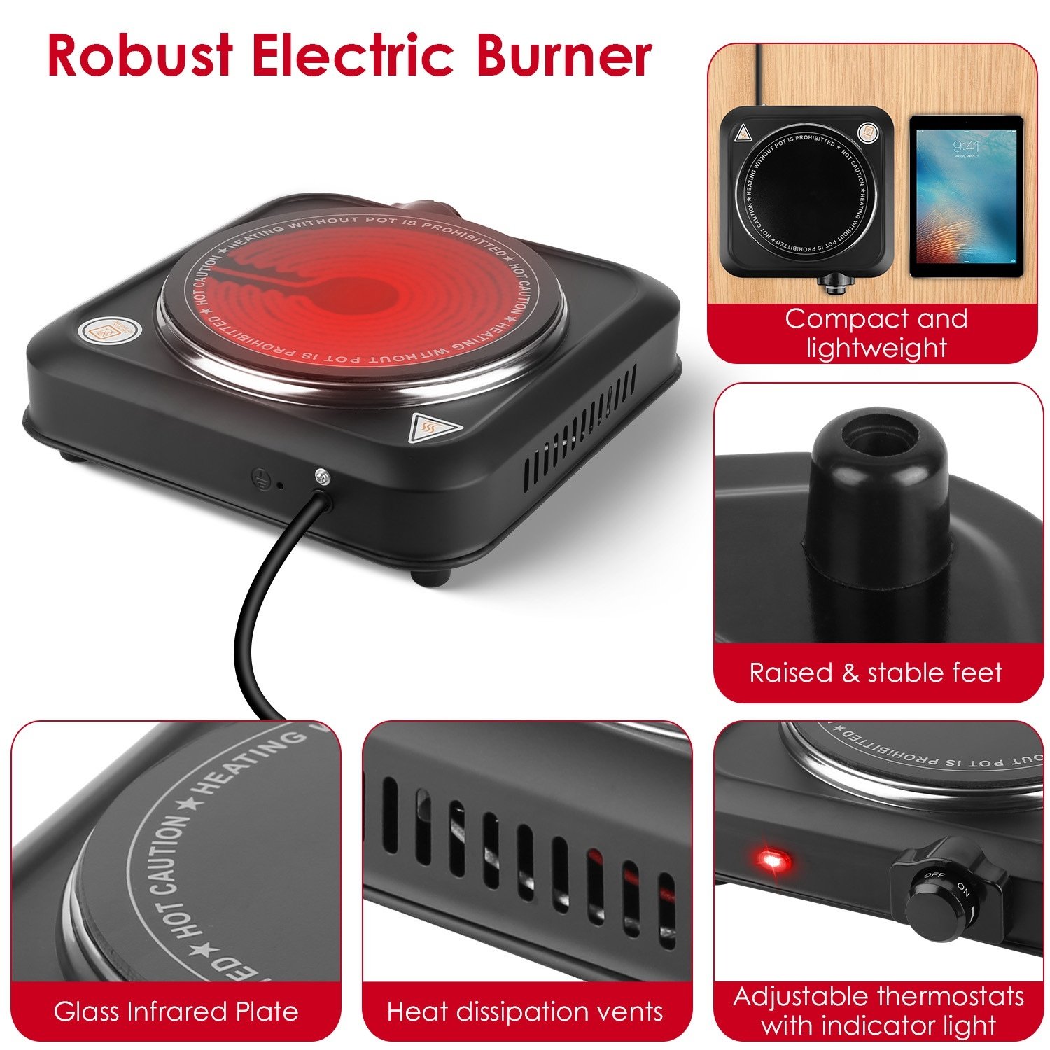 Electric Infrared Single Burner Portable Heating Hot Plate Stove Countertop RV Hotplate With 7.5in Glass Cooktop Stepless Temperature Adjustments For Home RV Camp 1200W - Image 5