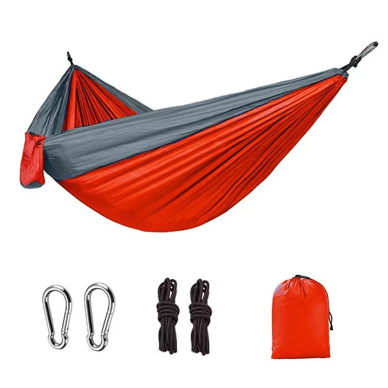 Light double nylon camping hammock with straps. Great for trips, beach, yard & garden.