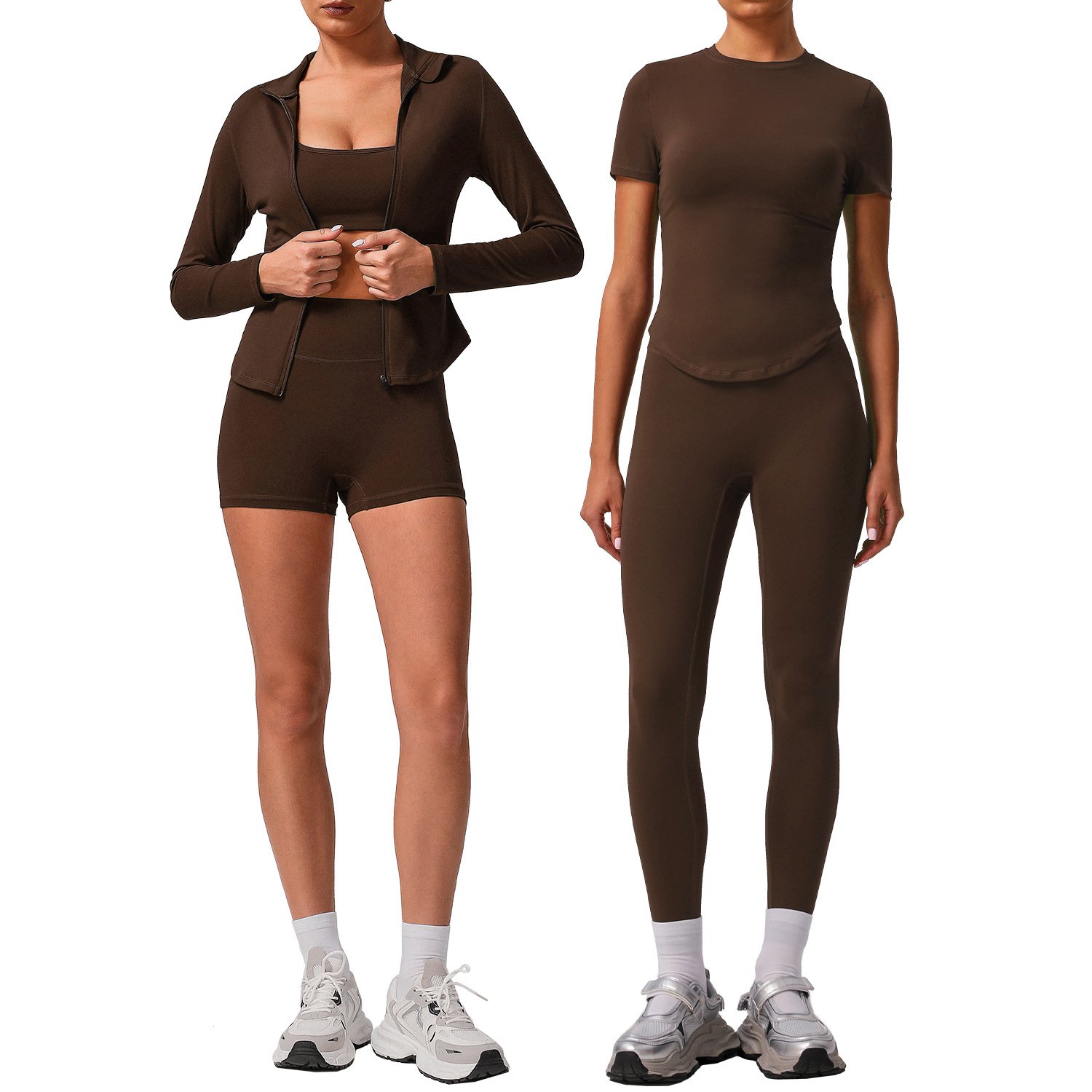 Solid color tight yoga suit quick drying fitness suit outdoor body shaping running suit women's fitness suit 