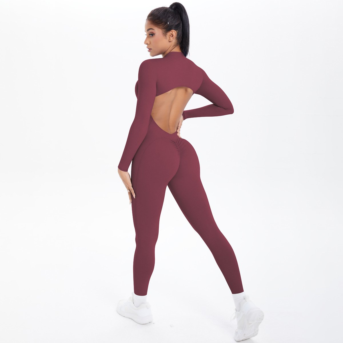 Style Half-Zip Yoga Jumpsuit, Bare-Skin Feel Slim Fit High Elastic Fitness Long Sleeve Long Pants Yoga Wear - Image 4