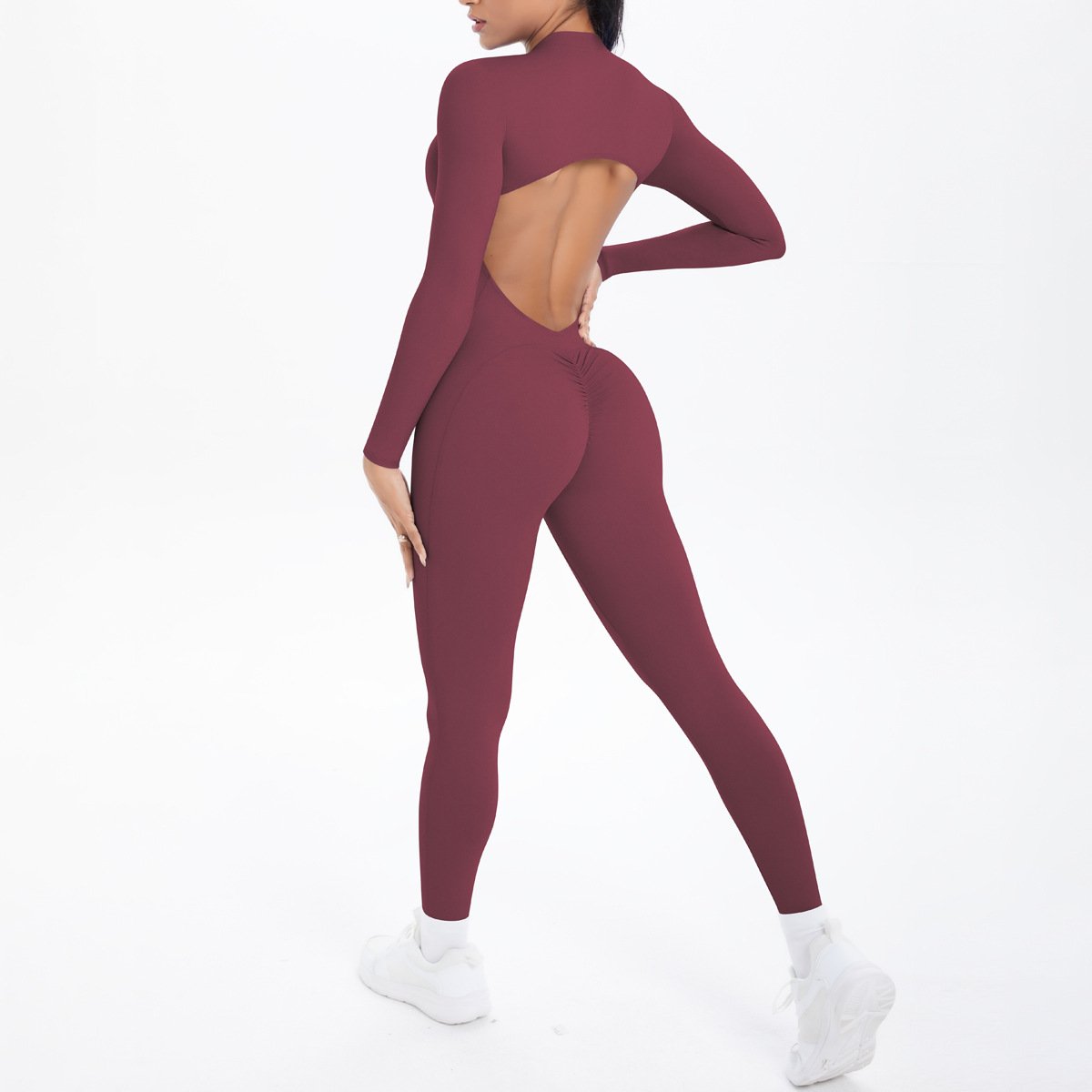 Style Half-Zip Yoga Jumpsuit, Bare-Skin Feel Slim Fit High Elastic Fitness Long Sleeve Long Pants Yoga Wear - Image 9