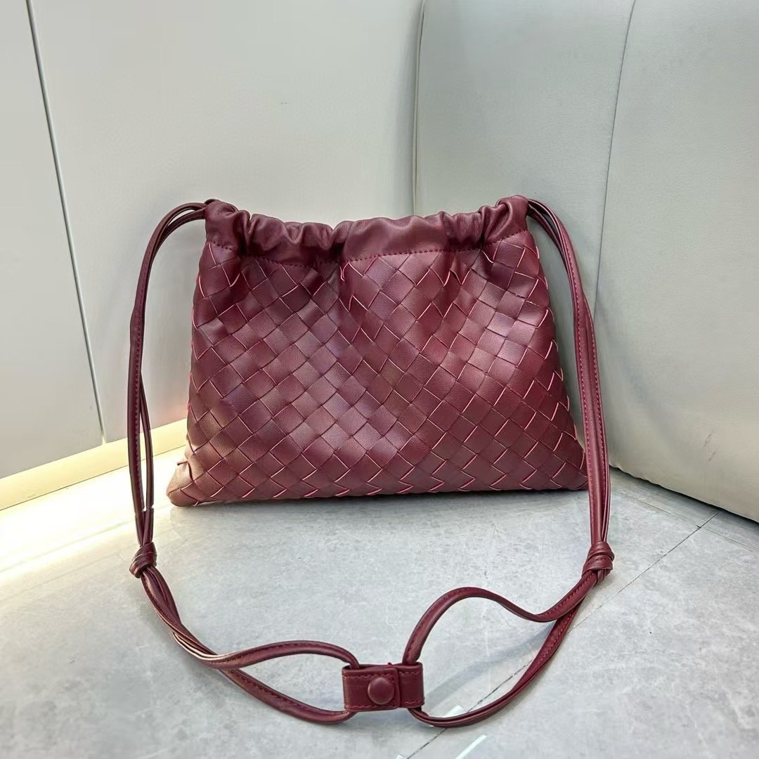 Elegant Fashion Genuine Leather Quilted Shoulder Crossbody Magnetic Snap Drawstring Closure Woven Clutch Bag - Image 14