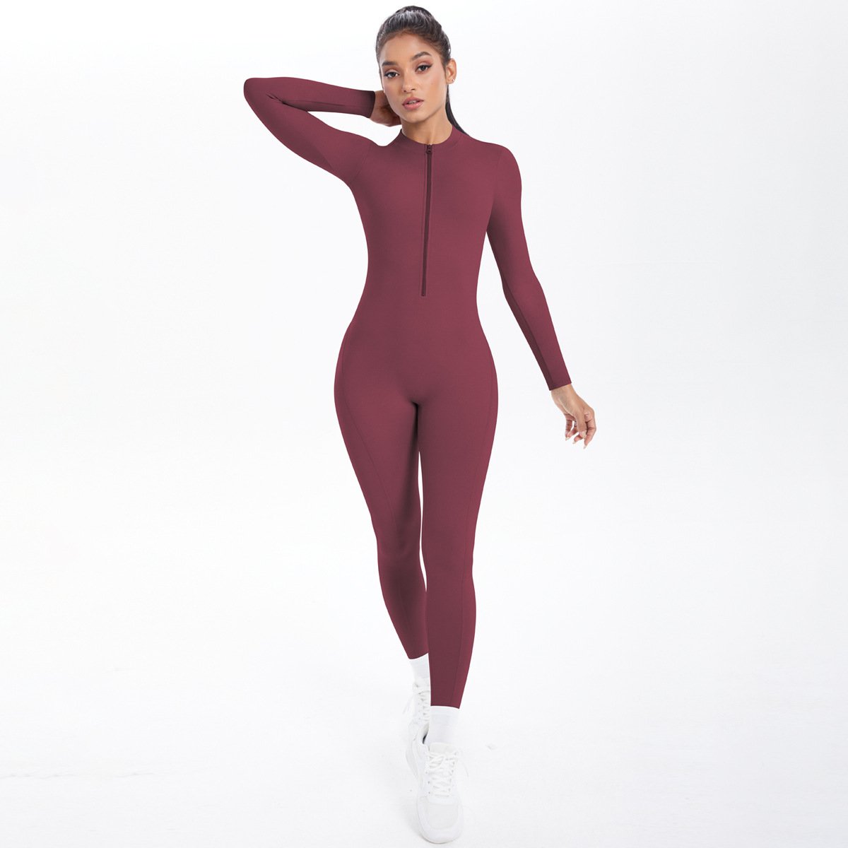 Style Half-Zip Yoga Jumpsuit, Bare-Skin Feel Slim Fit High Elastic Fitness Long Sleeve Long Pants Yoga Wear