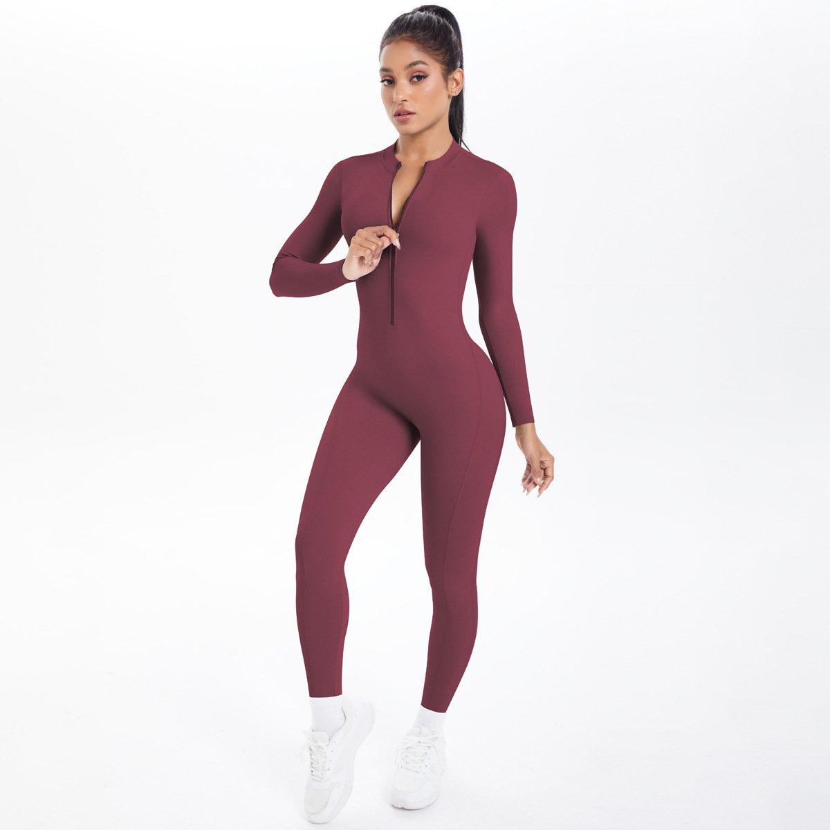 Style Half-Zip Yoga Jumpsuit, Bare-Skin Feel Slim Fit High Elastic Fitness Long Sleeve Long Pants Yoga Wear - Image 2