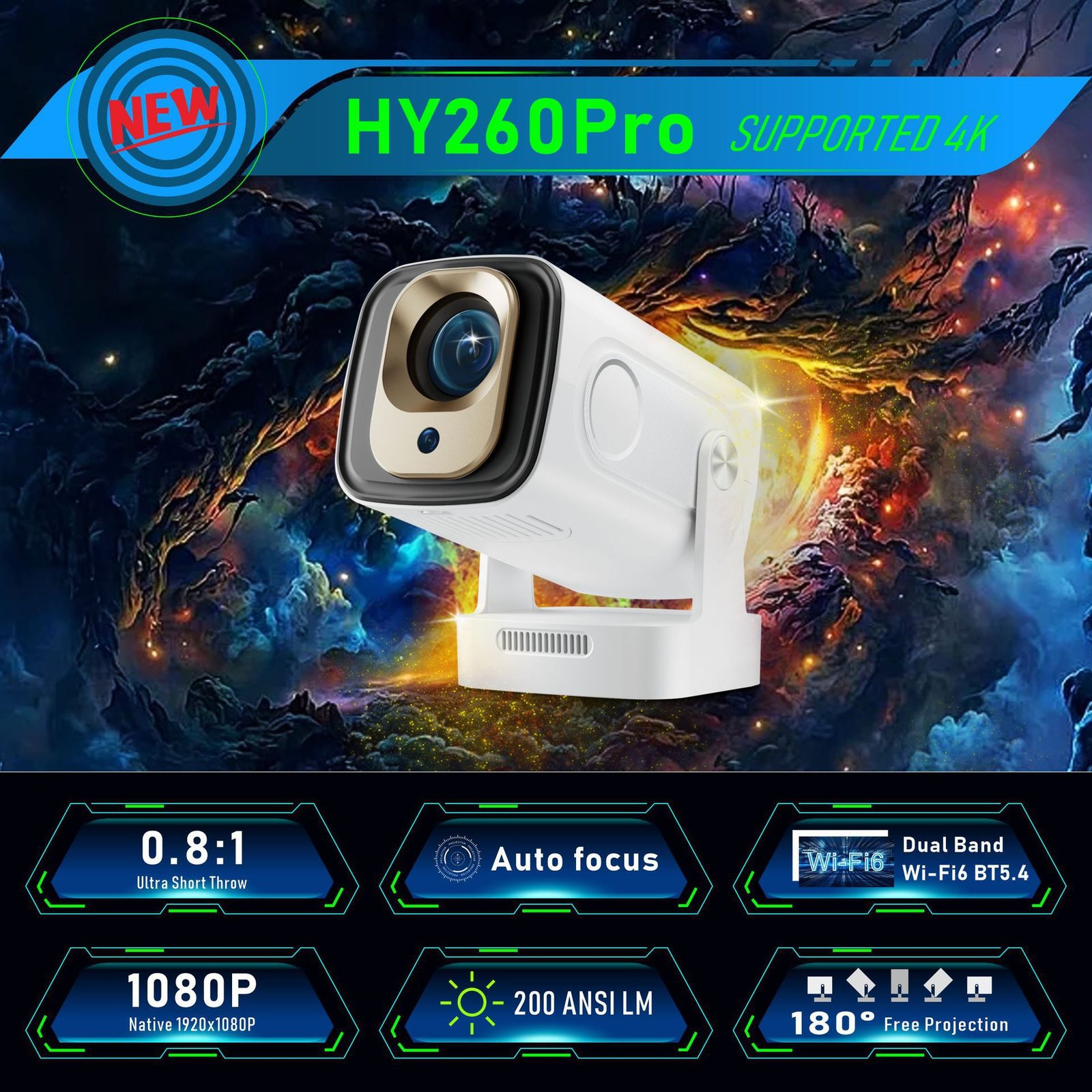 Hy260Pro Projector H713 Android 11 Smart HD 4K Auto Focus Barrel Projector - Image 2