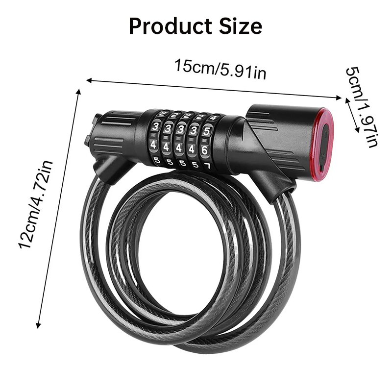 5-Digit Password Bike Lock with Safety Tail Light - Anti-Theft Steel Cable Chain Lock, Bicycle Security Accessory - Image 8