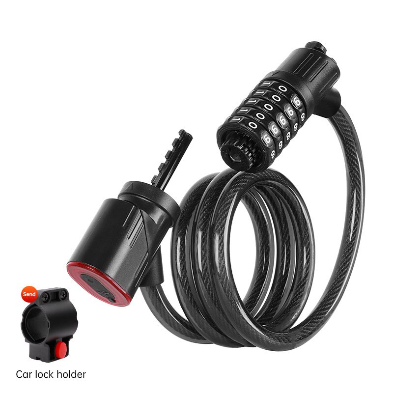 5-Digit Password Bike Lock with Safety Tail Light - Anti-Theft Steel Cable Chain Lock, Bicycle Security Accessory