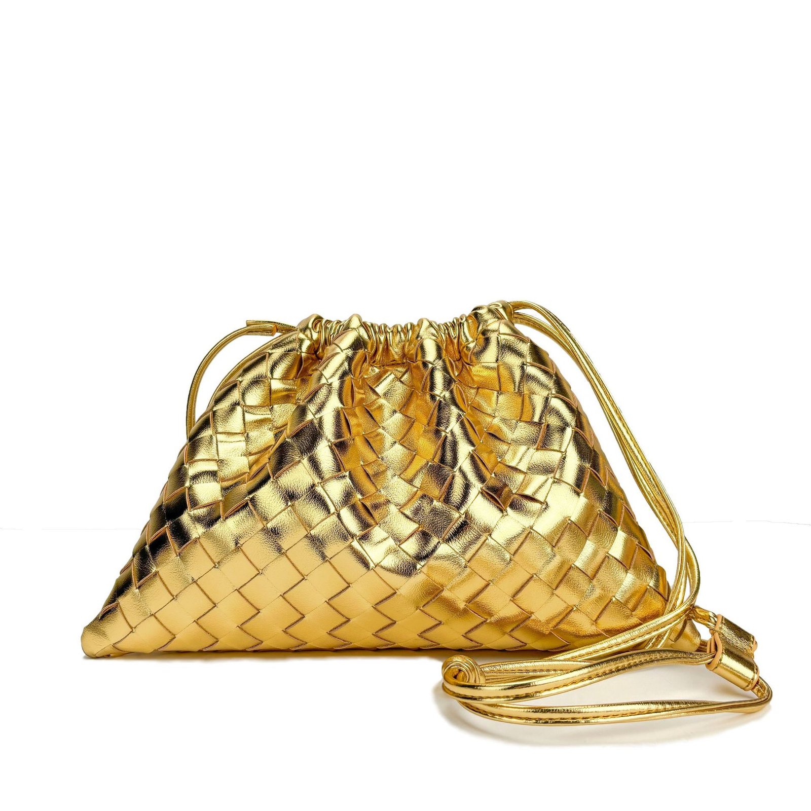 Elegant Fashion Genuine Leather Quilted Shoulder Crossbody Magnetic Snap Drawstring Closure Woven Clutch Bag - Image 8