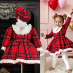 Abito elegante a quadri a maniche lunghe per bambine, perfetto per primavera, autunno e Natale, con cappello