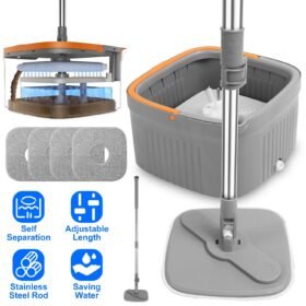 Spin Mop And Bucket System Includes Dual Compartment Mop Bucket 4Pcs Thick Washable Microfiber Mop Pads For Home Cleaning